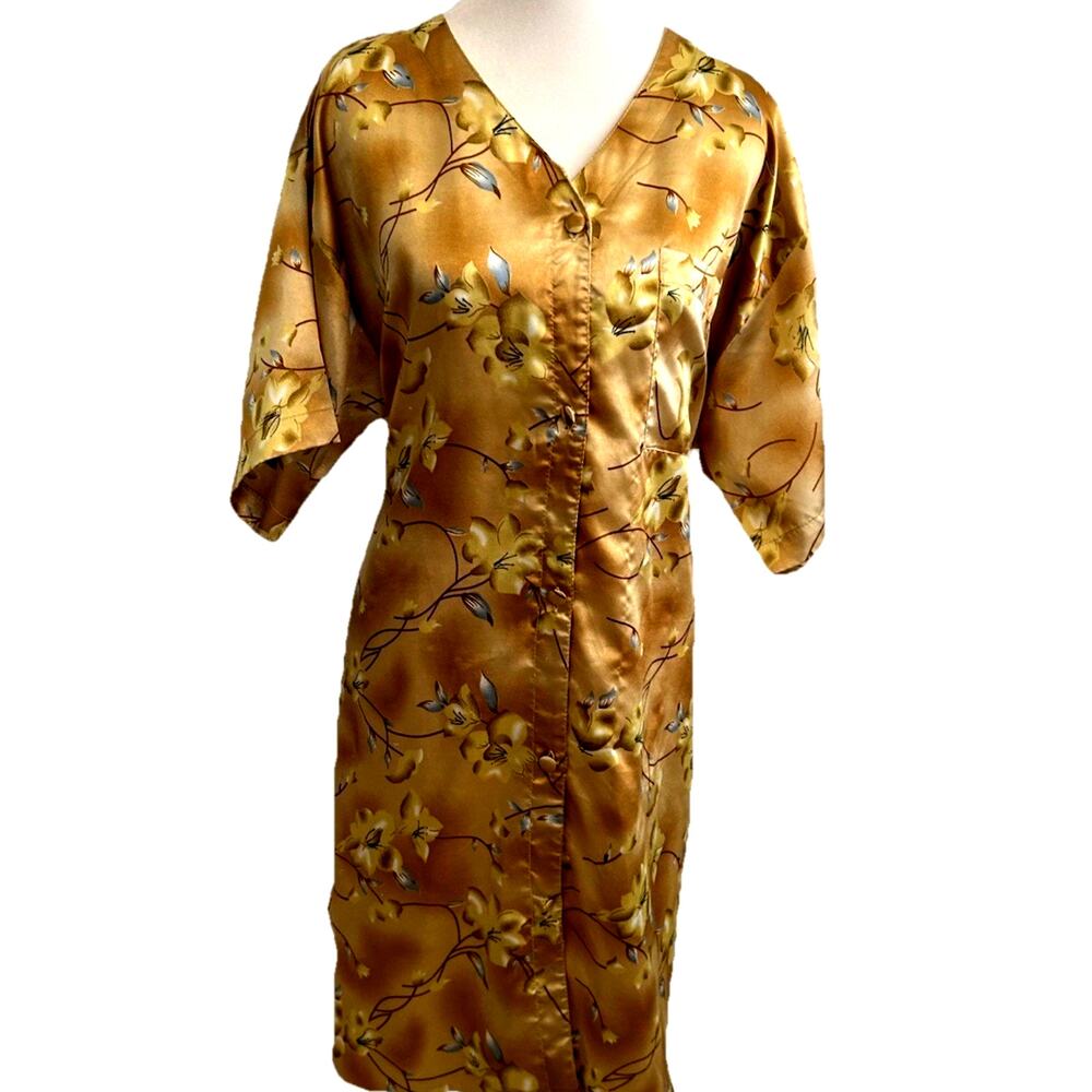 VTG Floral Satin Nightgown XL pjs Gold 80s Vanity Fair Comfy Sexy old money